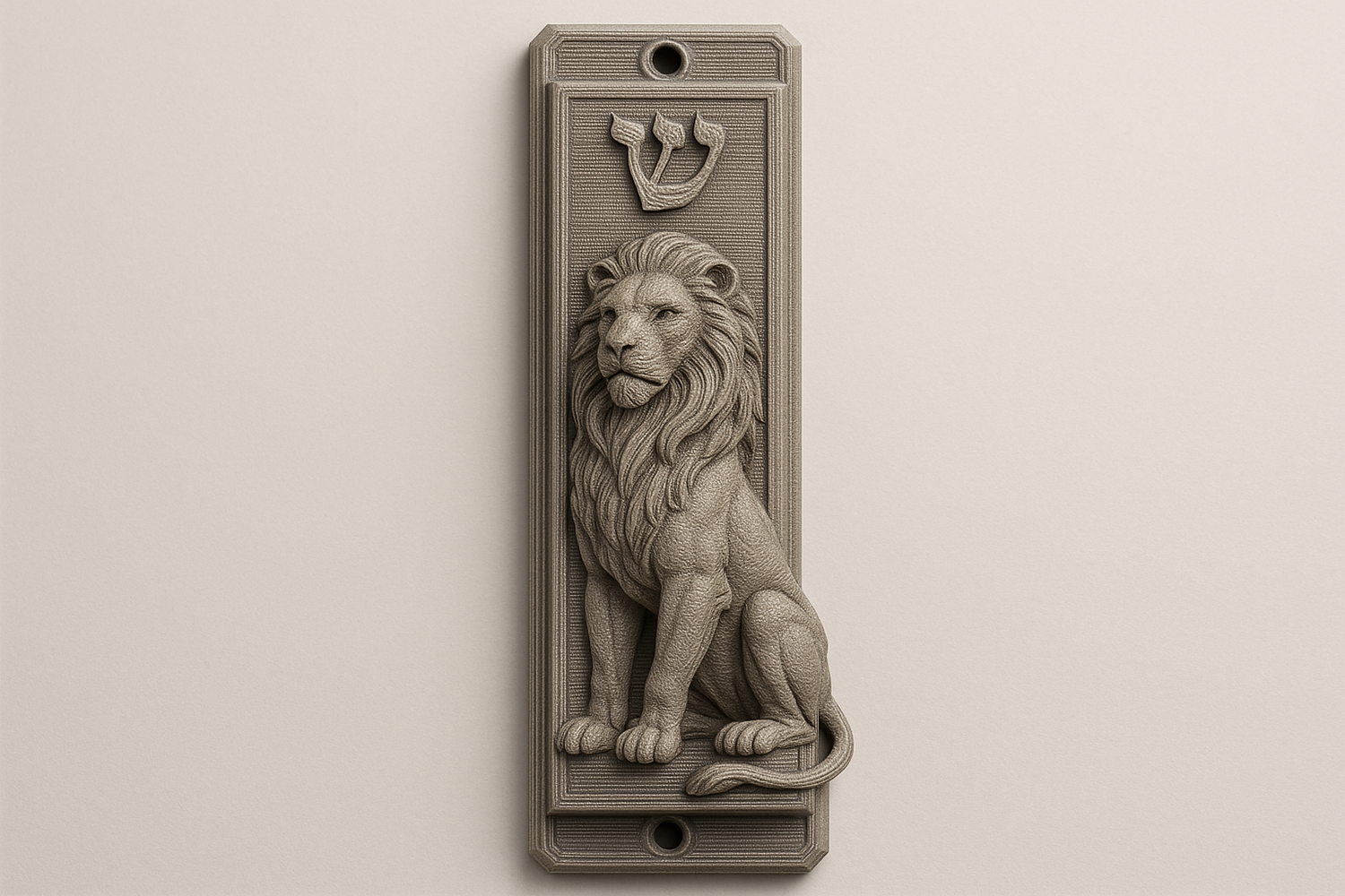 mezuzah with 3d printed lion on front